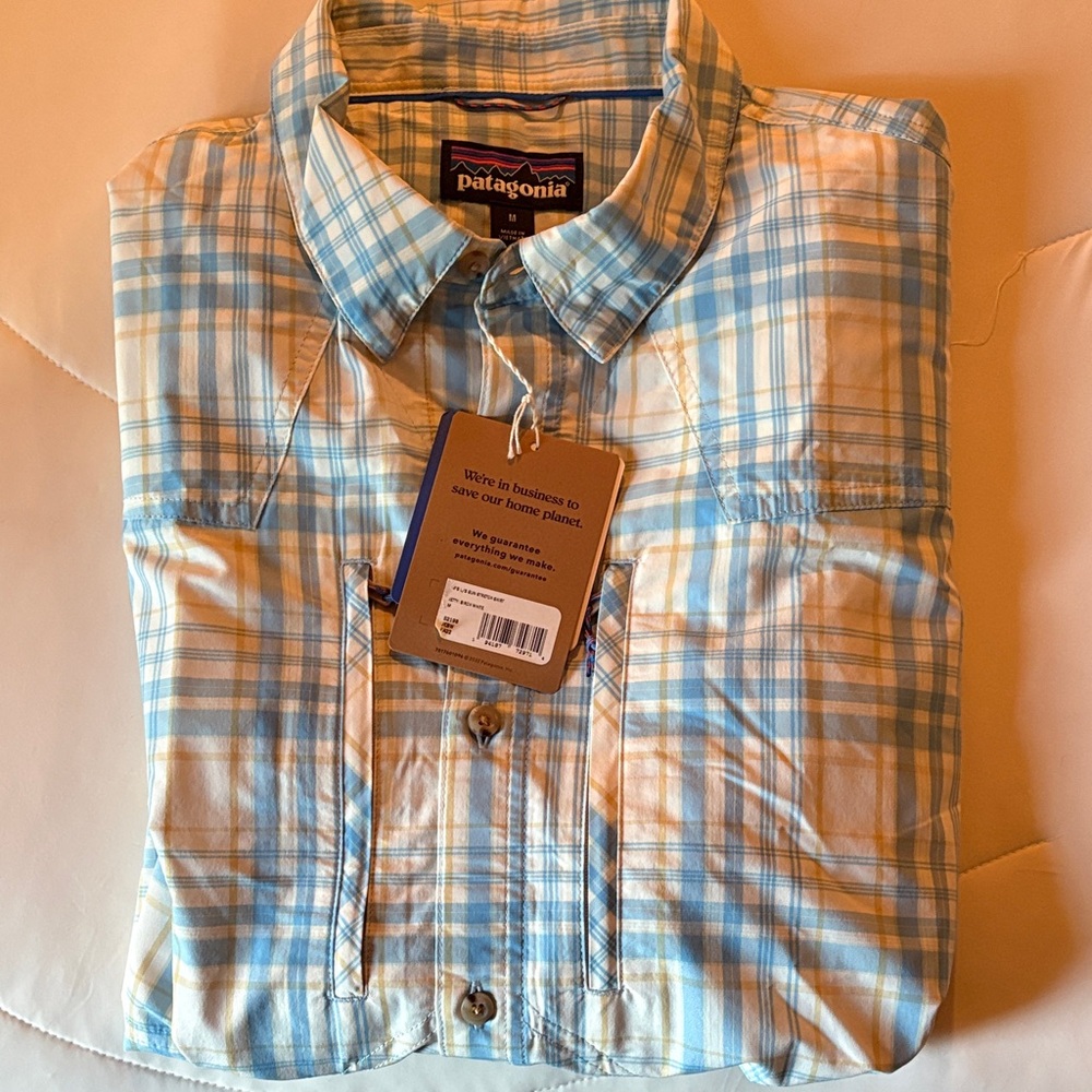 Patagonia Light Blue and White Plaid Shirt